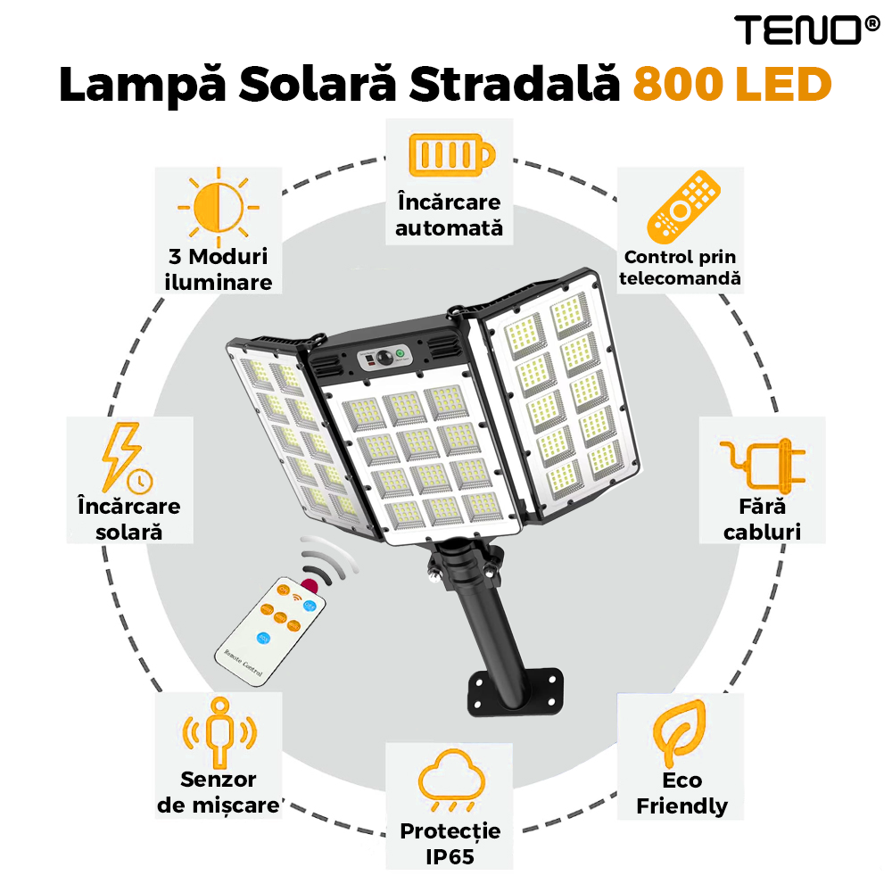 Lampa Solara Stradala 800 LED-uri Teno862, 3 capete, control prin telecomanda, senzor de miscare, 3 moduri de iluminare, protectie IP65, Waterproof, exterior, negru