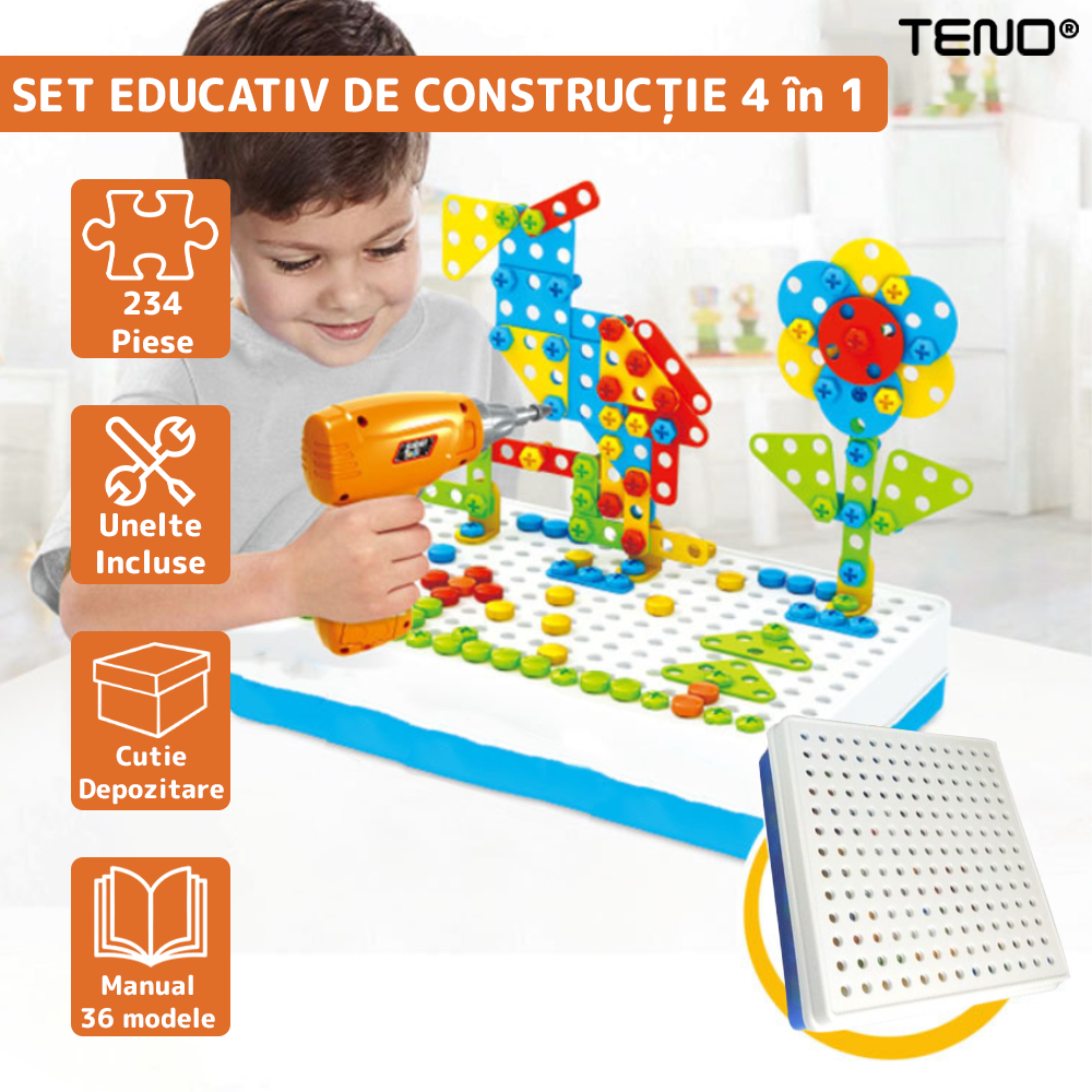 Jucarie Educativa si Interactiva 4in1 Teno®, 234 piese, unelte pentru inginerie, pentru fete si baieti, manual inclus, puzzle 3D/2D, dezvoltare STEM, montessori, multicolor