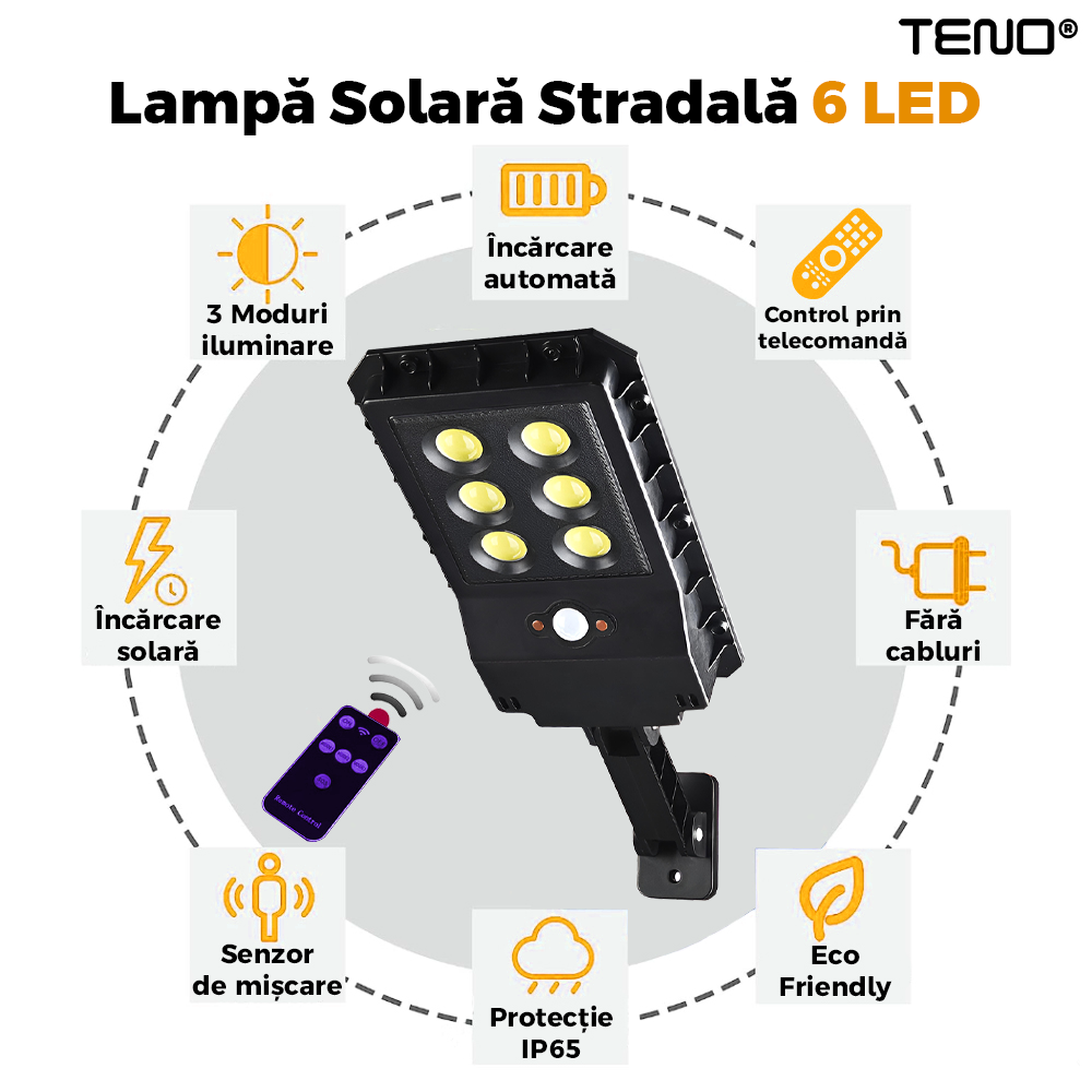Lampa Solara Stradala 6 LED-uri Teno864, tip bec, control prin telecomanda, senzor de miscare, 3 moduri de iluminare, protectie IP65, Waterproof, exterior, negru