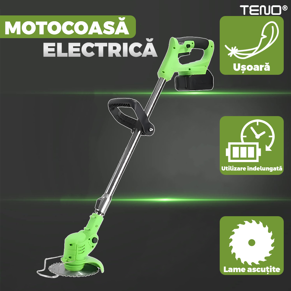 Motocoasa Electrica Teno975, acumulator 48V, baston telescopic, 3 tipuri de lame pentru taiere, 18000 RPM, autonomie de 2-3 ore, accesorii incluse, verde