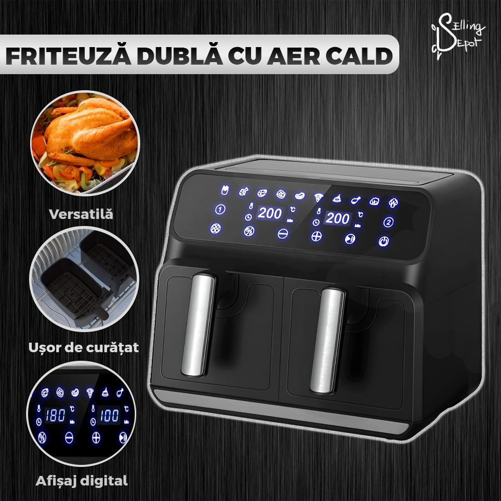 Friteuza Dubla Fara Ulei Air Fryer Teno753, tehnologie smart sensing, programe smart chef automate, afisaj digital, capacitate 8 L, tehnologie de eliminare a grasimii, functie de pastrare la cald,tensiune alimentare 220-240 V, culoare negru