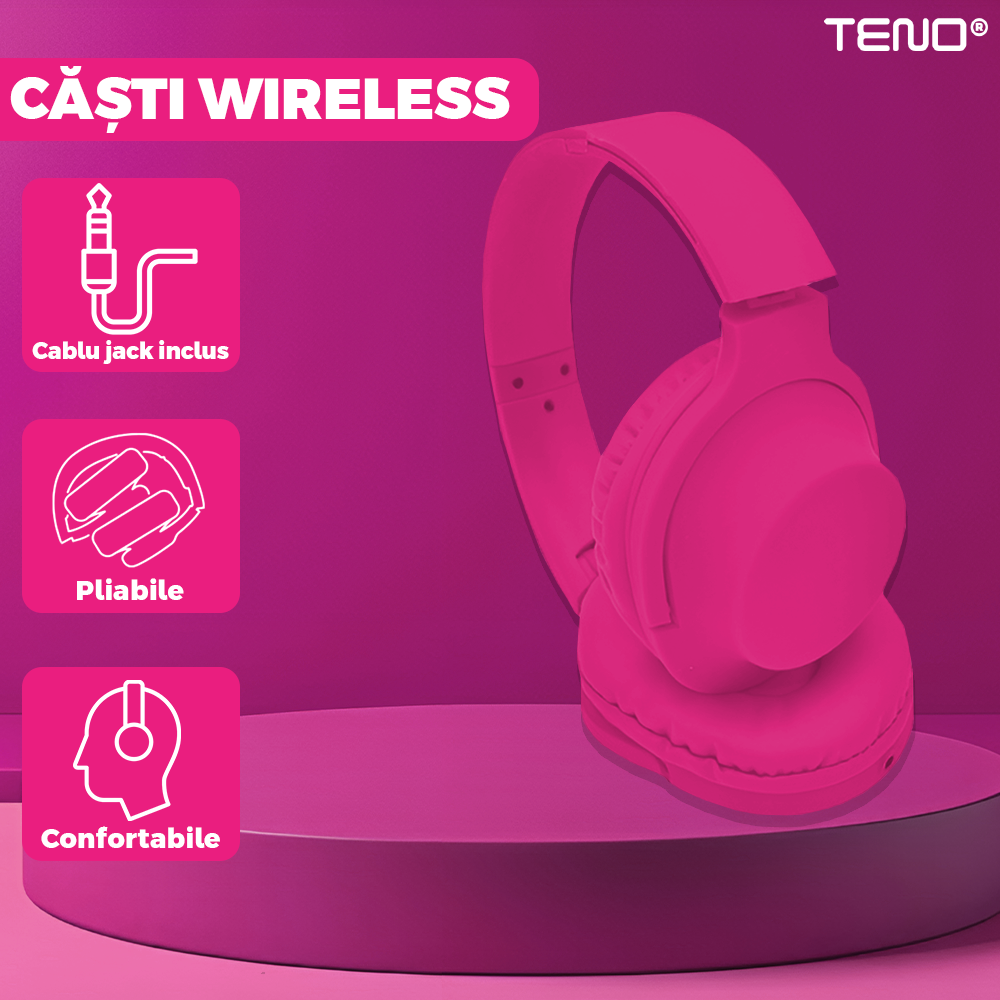 Casti Wireless Teno959, TV11, overear, bluetooth 4.1, extra bass bright series MP3 cu microfon, radio Fm si SD card, roz