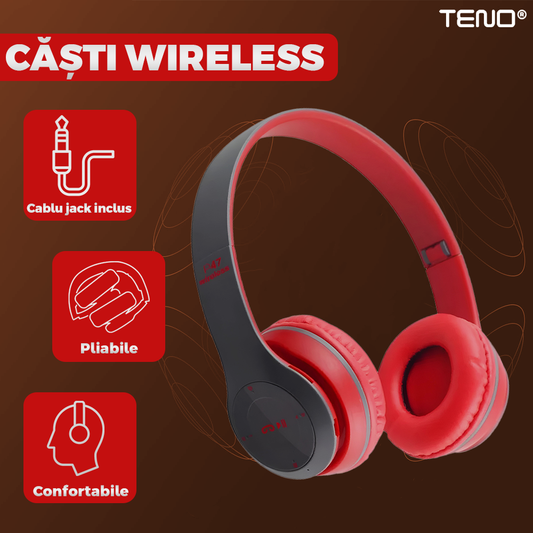 Casti Wireless Teno956, P47, overear, bluetooth 5.0, 3 porturi integrate, handsfree, HiFi, bass stereo, gri/rosu
