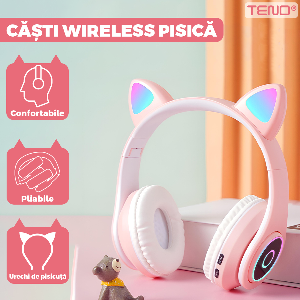 Casti Wireless Model Pisica Teno949, B39, overear, urechi de pisica cu iluminare RGB, bluetooth 5.0, handsfree, HiFi, bass stereo, roz