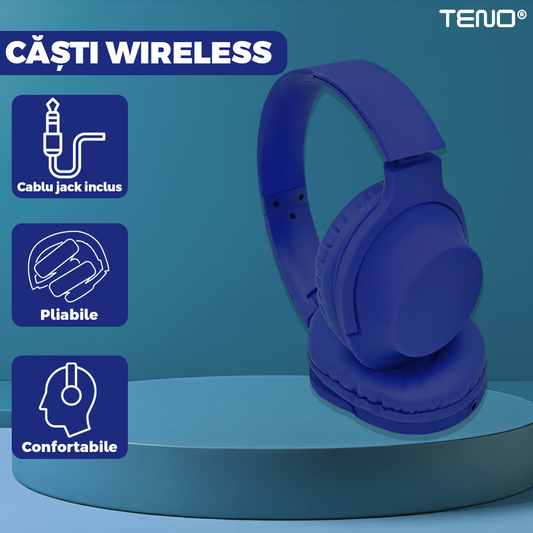 Casti Wireless Teno960, TV11, overear, bluetooth 4.1, extra bass bright series MP3 cu microfon, radio Fm si SD card, albastru inchis