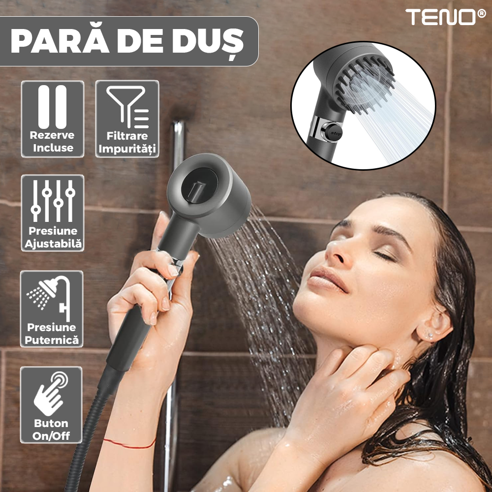 Para de Dus Teno976, 6 filtre extra, buton On/Off, presiune ajustabila, filtrare apa, jet uniform, zimti de silicon pentru curatare, gri