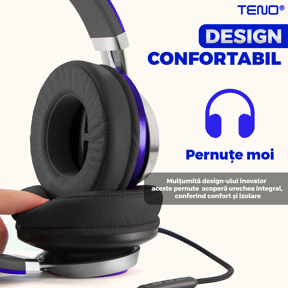 Casti Wireless Teno963, overear, bluetooth 4.2, extra bass, blocare sunete externe, slot card TF, functii multiple, albastru