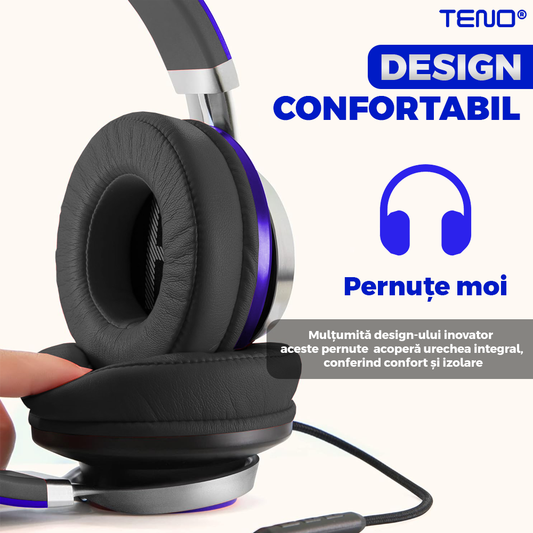 Casti Wireless Teno963, overear, bluetooth 4.2, extra bass, blocare sunete externe, slot card TF, functii multiple, albastru