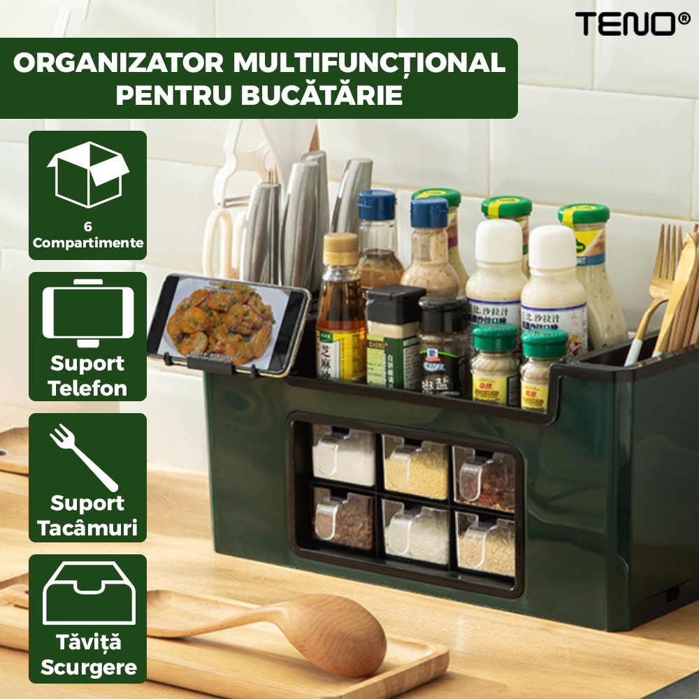 Organizator Multifunctional pentru Bucatarie Teno®, 6 Compartimente, raft condimente, suport detasabil telefon,  tavita de scurgere, suport tacamuri/ustensile, verde