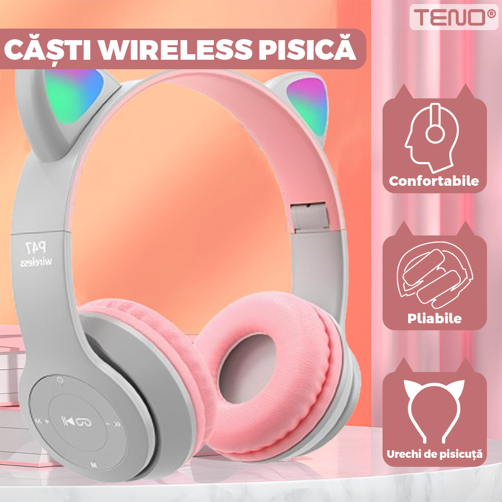 Casti Wireless Model Pisica Teno953, P47M, overear, urechi de pisica cu iluminare RGB, bluetooth 5.0, handsfree, HiFi, bass stereo, gri/roz