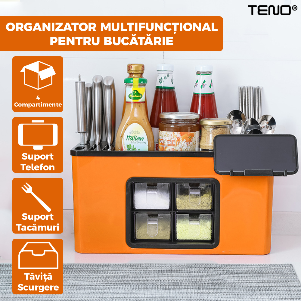 Organizator Multifunctional pentru Bucatarie Teno603, 4 Compartimente, raft condimente, suport detasabil telefon,  tavita de scurgere, suport tacamuri/ustensile, portocaliu