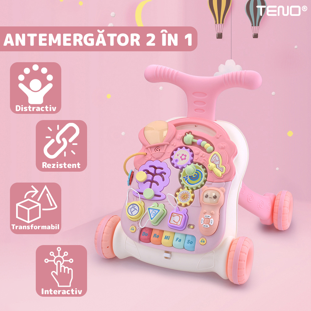 Antemergator Multifunctional 2in1 Teno645, centru de activitati si joaca, telecomanda detasabila cu 15 melodii, masuta educativa cu 4 picioruse incluse, panou pentru invatarea numerelor si formelor, lumini si sunete, roz