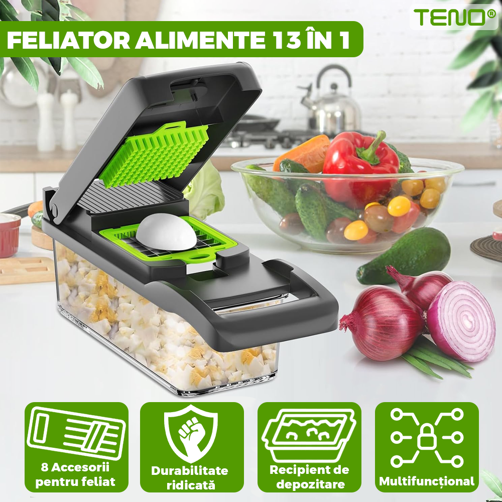 Feliator de Legume 13 in 1 Teno752, multifunctional, 8 taieturi, accesorii pentru tocat, maruntit, feliat, julienne, separator de oua, lame de inox, 28 x 13 cm, verde