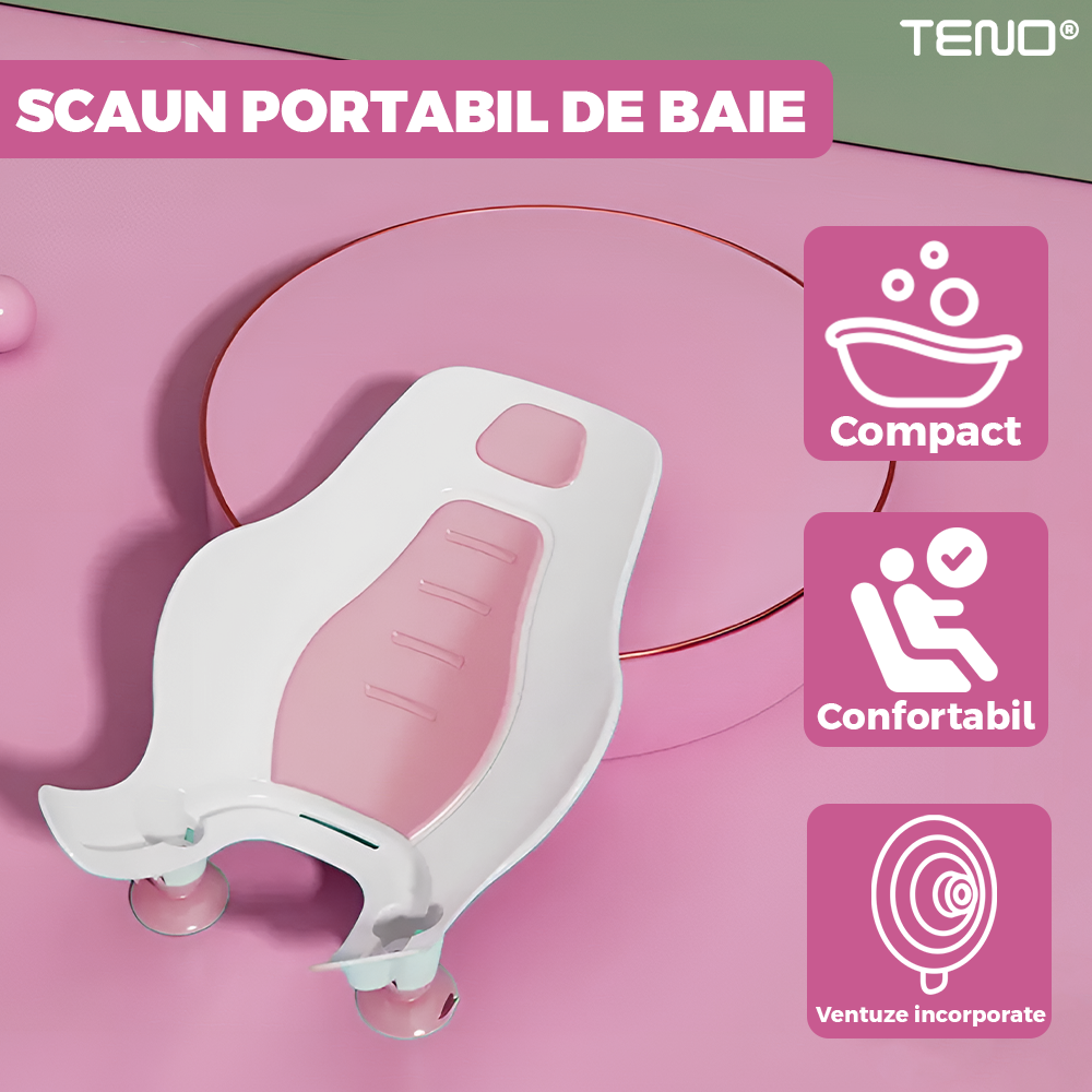 Scaun Portabil de Baie Teno981, nou-nascuti si bebelusi, cu suport montabil tip ventuza pe chiuveta, lavoar sau cada, antiderapant, colturi rotunjite, roz