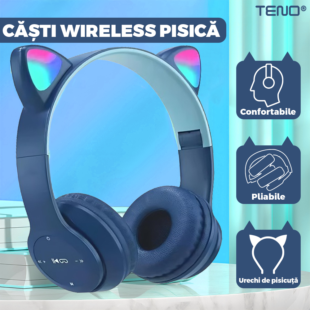 Casti Wireless Model Pisica Teno954, P47M, overear, urechi de pisica cu iluminare RGB, bluetooth 5.0, handsfree, HiFi, bass stereo, albastru inchis