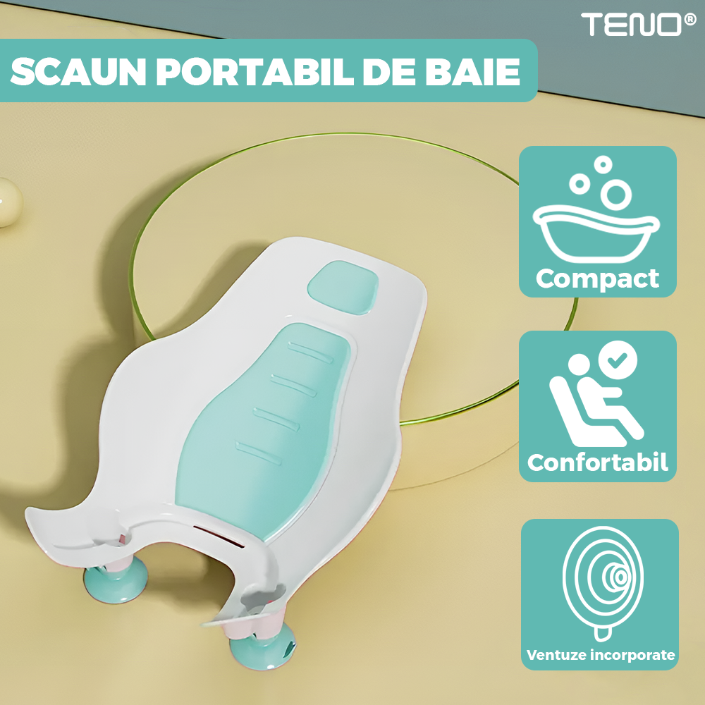 Scaun Portabil de Baie Teno980, nou-nascuti si bebelusi, cu suport montabil tip ventuza pe chiuveta, lavoar sau cada, antiderapant, colturi rotunjite, turcoaz
