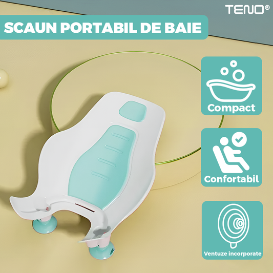 Scaun Portabil de Baie Teno980, nou-nascuti si bebelusi, cu suport montabil tip ventuza pe chiuveta, lavoar sau cada, antiderapant, colturi rotunjite, turcoaz