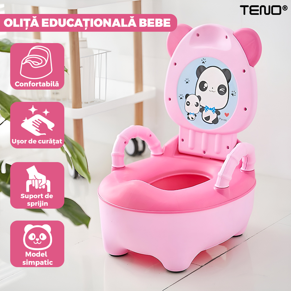 Olita Educationala Teno661, model panda, imita toaleta, capac cu urechiuse, recipient detasabil, confortabila, roz