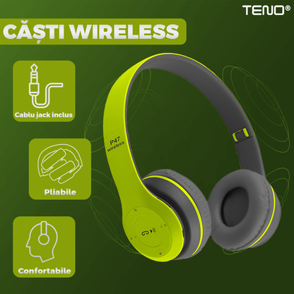 Casti Wireless Teno957, P47, overear, bluetooth 5.0, 3 porturi integrate, handsfree, HiFi, bass stereo, gri/lime