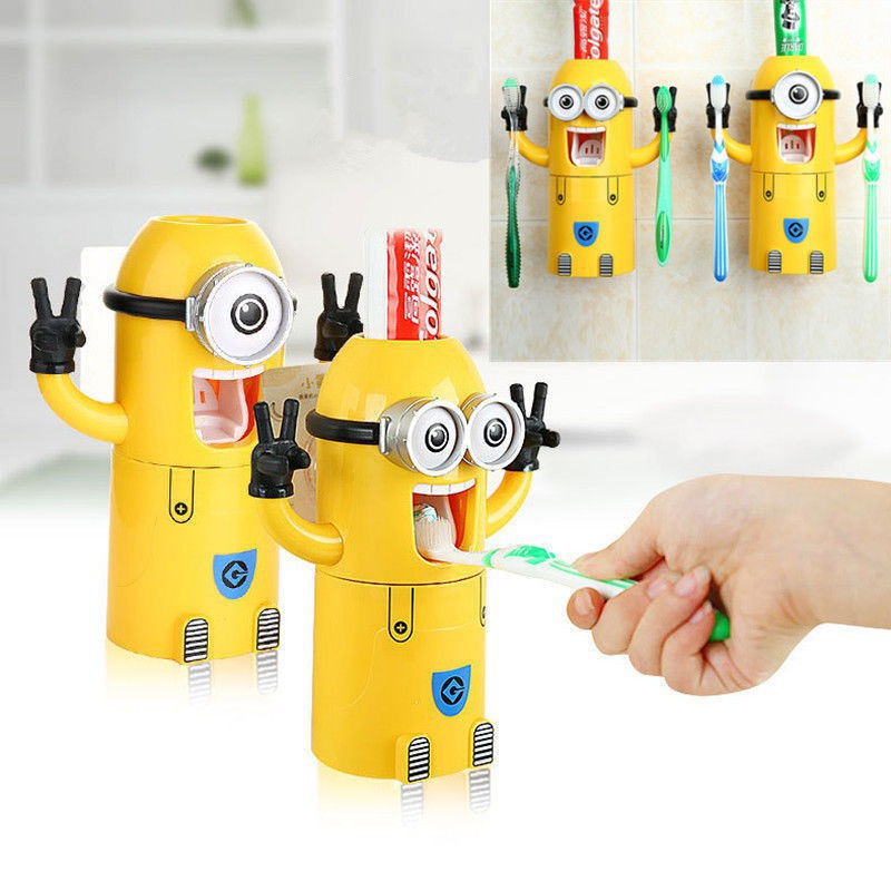 Dispenser pasta de dinti cu suport pentru 2 periute, Minioni, Galben