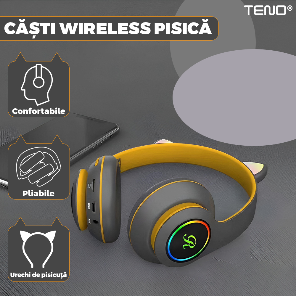 Casti Wireless Model Pisica Teno®, overear, urechi de pisica cu iluminare RGB, bluetooth 5.0, handsfree, HiFi, bass stereo, gri/galben