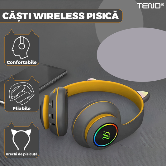 Casti Wireless Model Pisica Teno®, overear, urechi de pisica cu iluminare RGB, bluetooth 5.0, handsfree, HiFi, bass stereo, gri/galben