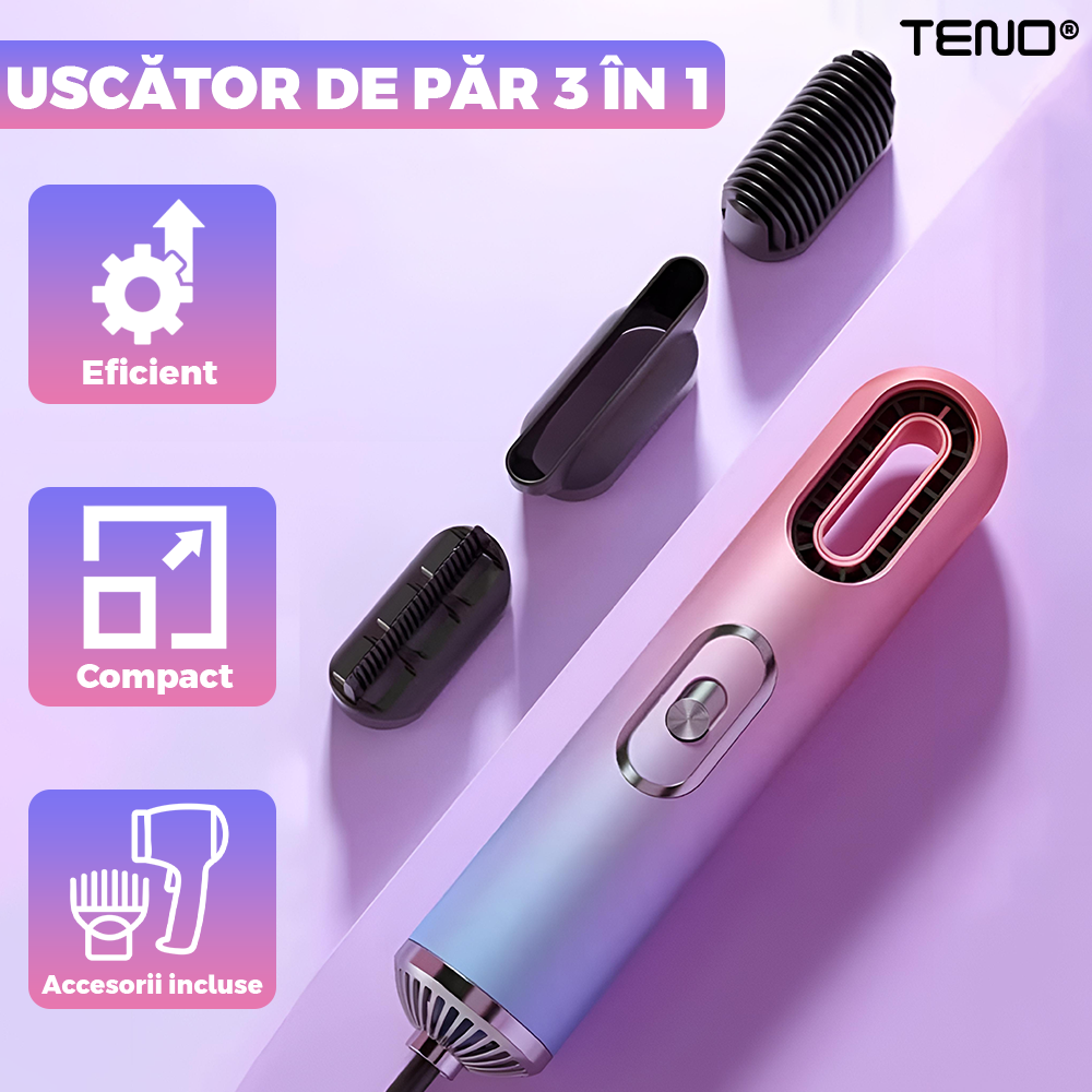 Uscator Profesional de Par 3 in 1 Teno973, aparat multifunctional coafare si uscare, 3 accesorii incluse, 1200W, multicolor pastel