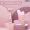Set 3 Accesorii pentru Masaj Facial Teno655, cu aparat face roller, piatra gua sha, pensula pentru aplicarea cosmeticelor, rezultate vizibile, piatra naturala  din quartz roz