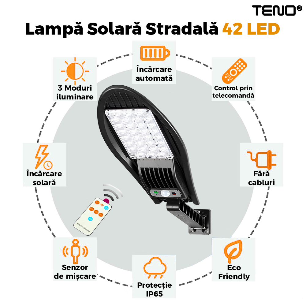 Lampa Solara Stradala 42 LED-uri Teno868, rotunda, control prin telecomanda, senzor de miscare, 3 moduri de iluminare, protectie IP65, Waterproof, exterior, negru