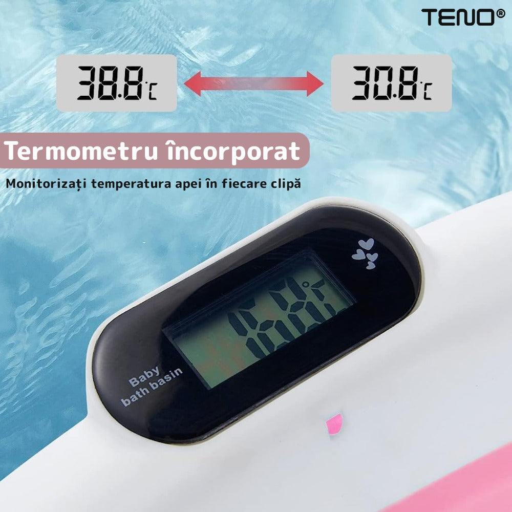 Cadita cu Pernuta pentru Bebelusi Teno527, termometru digital incorporat, pliabila, dop de scurgere, picioare anti-alunecare, design ergonomic, 75 x 45 x 22 cm, roz