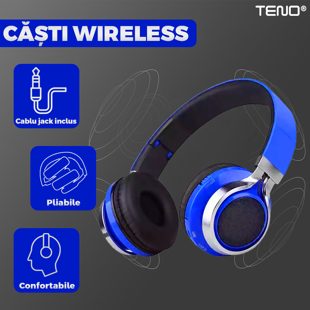 Casti Wireless Teno963, overear, bluetooth 4.2, extra bass, blocare sunete externe, slot card TF, functii multiple, albastru