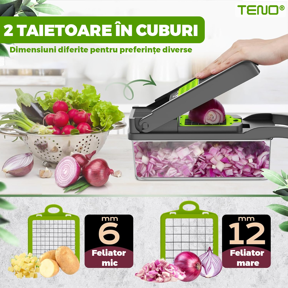 Feliator de Legume 13 in 1 Teno752, multifunctional, 8 taieturi, accesorii pentru tocat, maruntit, feliat, julienne, separator de oua, lame de inox, 28 x 13 cm, verde