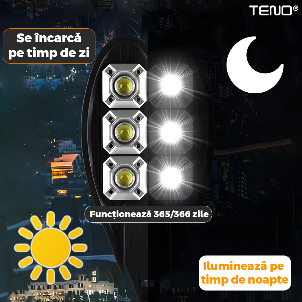 Lampa Solara Stradala 6 LED-uri Teno866, tip bec, rotunda, control prin telecomanda, senzor de miscare, 3 moduri de iluminare, protectie IP65, Waterproof, exterior, negru