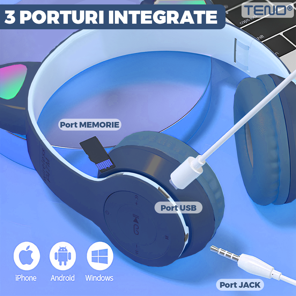 Casti Wireless Model Pisica Teno954, P47M, overear, urechi de pisica cu iluminare RGB, bluetooth 5.0, handsfree, HiFi, bass stereo, albastru inchis