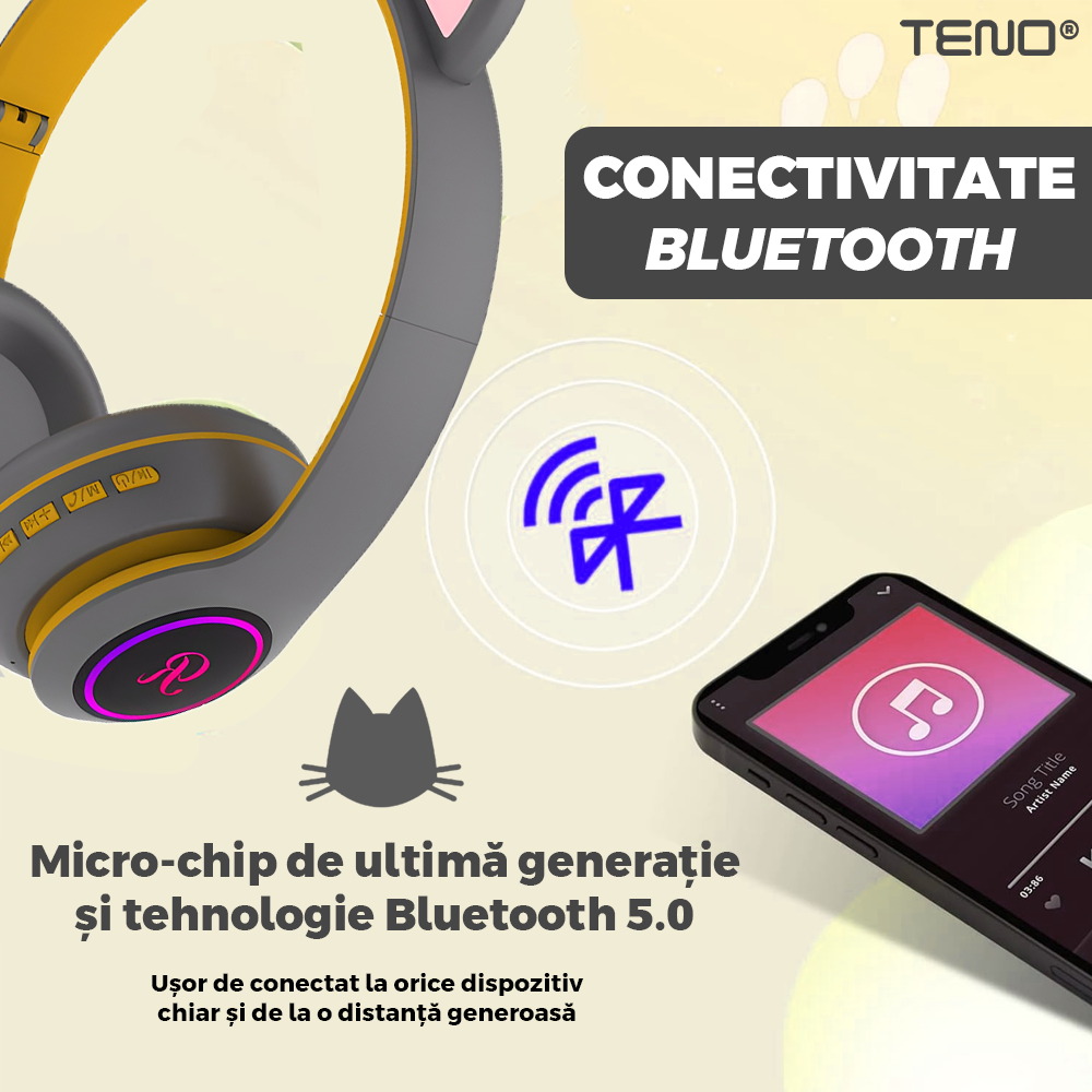 Casti Wireless Model Pisica Teno®, overear, urechi de pisica cu iluminare RGB, bluetooth 5.0, handsfree, HiFi, bass stereo, gri/galben