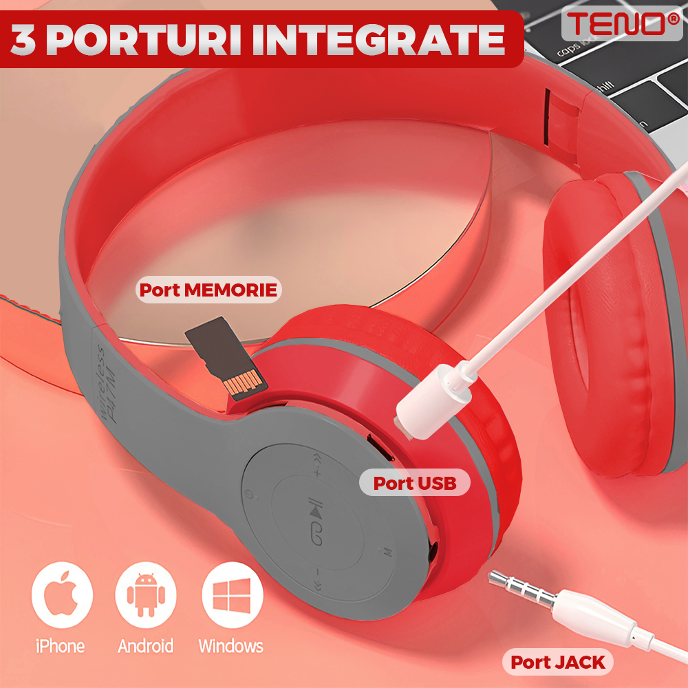Casti Wireless Teno956, P47, overear, bluetooth 5.0, 3 porturi integrate, handsfree, HiFi, bass stereo, gri/rosu