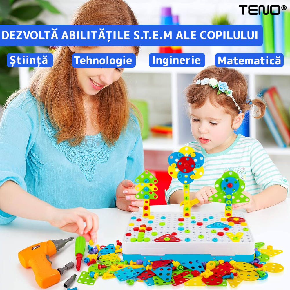 Jucarie Educativa si Interactiva 4in1 Teno®, 151 piese, bormasina pentru inginerie, pentru fete si baieti, manual inclus, puzzle 3D/2D, dezvoltare STEM, montessori, multicolor