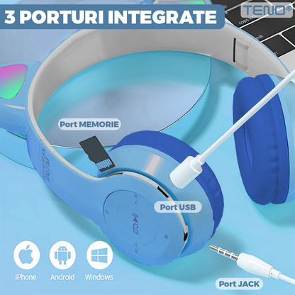Casti Wireless Model Pisica Teno955, P47M, overear, urechi de pisica cu iluminare RGB, bluetooth 5.0, handsfree, HiFi, bass stereo, albastru deschis