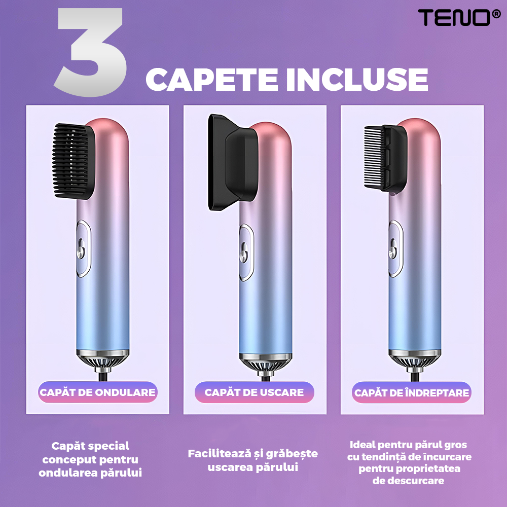 Uscator Profesional de Par 3 in 1 Teno973, aparat multifunctional coafare si uscare, 3 accesorii incluse, 1200W, multicolor pastel