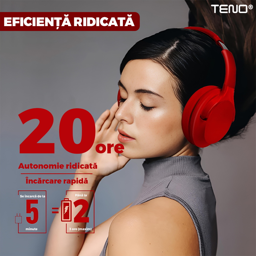 Casti Wireless Teno958, TV11, overear, bluetooth 4.1, extra bass bright series MP3 cu microfon, radio Fm si SD card, rosu