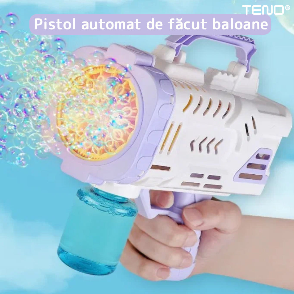 Pistol de Facut Baloane Bubble Gun Teno67, tip Bazooka, automat, rezerva incluse, alimentare cu baterii, alb/mov