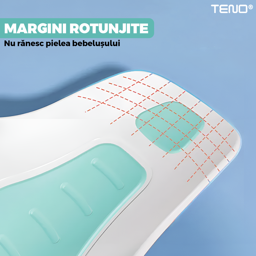 Scaun Portabil de Baie Teno980, nou-nascuti si bebelusi, cu suport montabil tip ventuza pe chiuveta, lavoar sau cada, antiderapant, colturi rotunjite, turcoaz