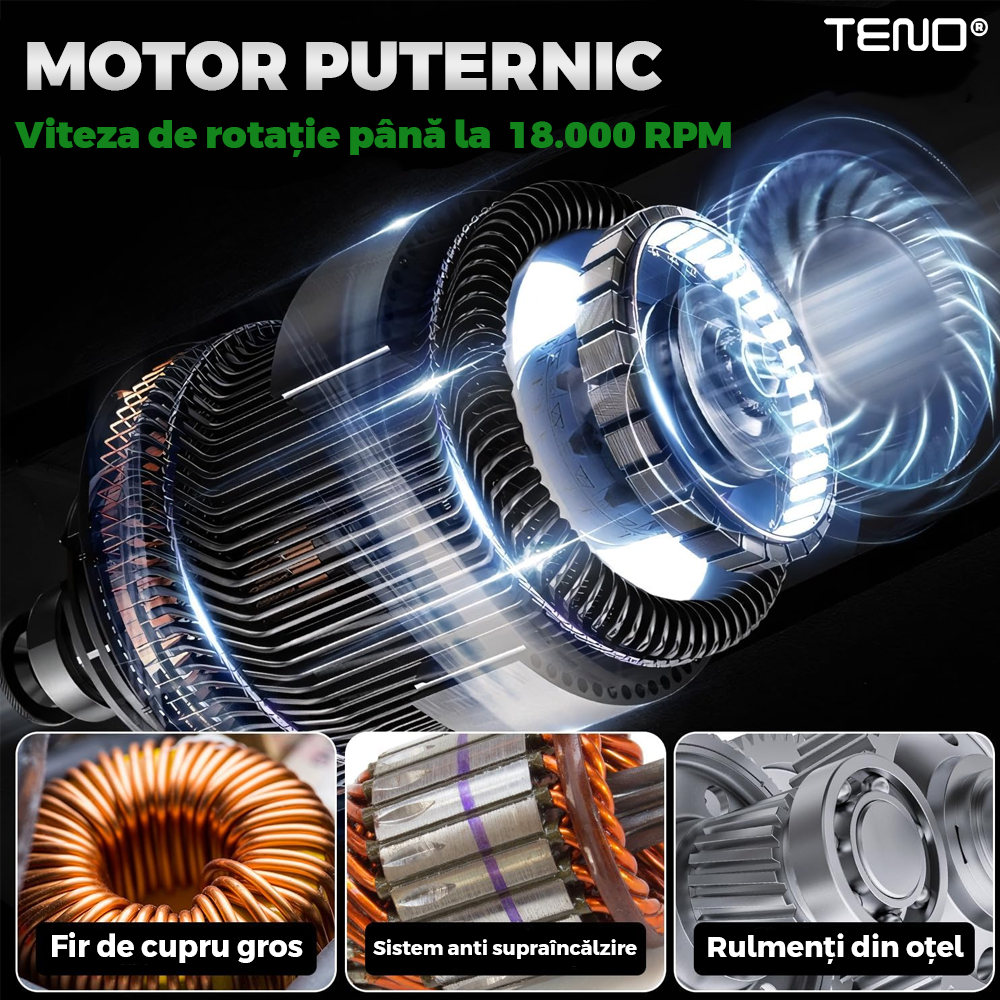 Motocoasa Electrica Teno975, acumulator 48V, baston telescopic, 3 tipuri de lame pentru taiere, 18000 RPM, autonomie de 2-3 ore, accesorii incluse, verde