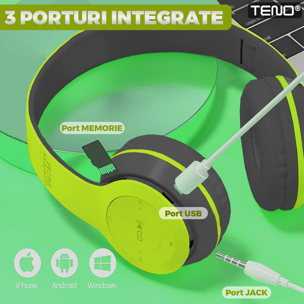 Casti Wireless Teno957, P47, overear, bluetooth 5.0, 3 porturi integrate, handsfree, HiFi, bass stereo, gri/lime