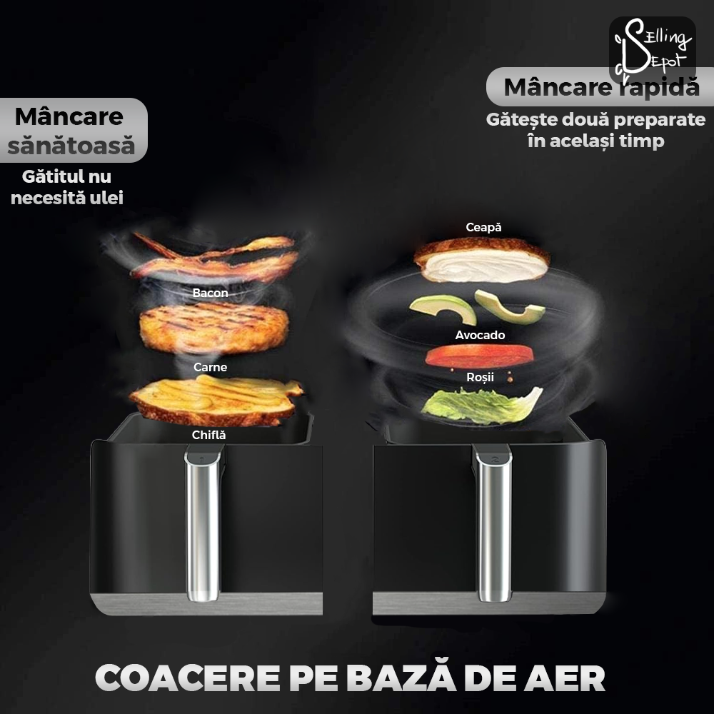Friteuza Dubla Fara Ulei Air Fryer Teno753, tehnologie smart sensing, programe smart chef automate, afisaj digital, capacitate 8 L, tehnologie de eliminare a grasimii, functie de pastrare la cald,tensiune alimentare 220-240 V, culoare negru