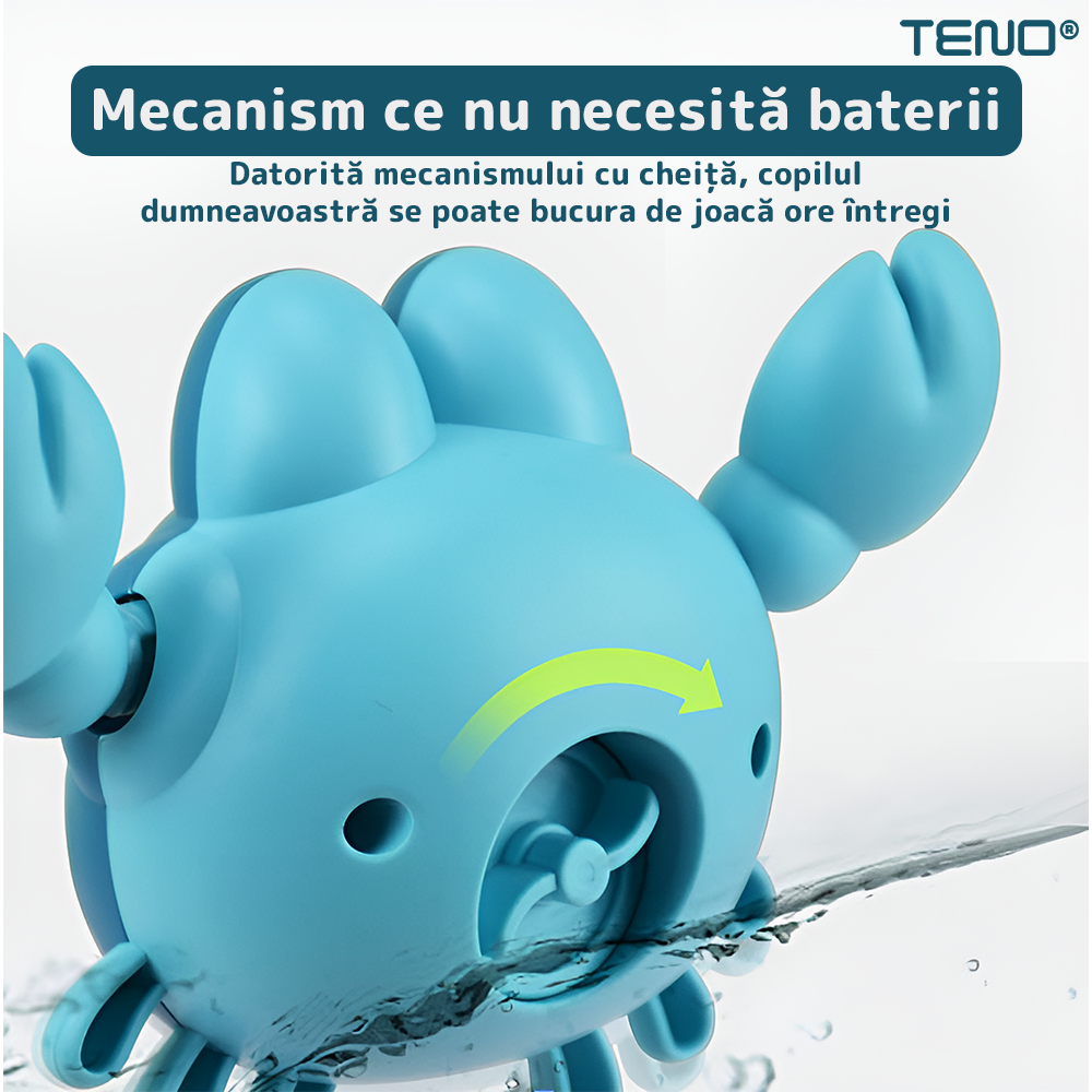 Jucarie de Baie pentru Copii Teno856, Crab Inotator, interactiva, fara baterii, mecanism cu cheita, 9 x12 cm, albastru