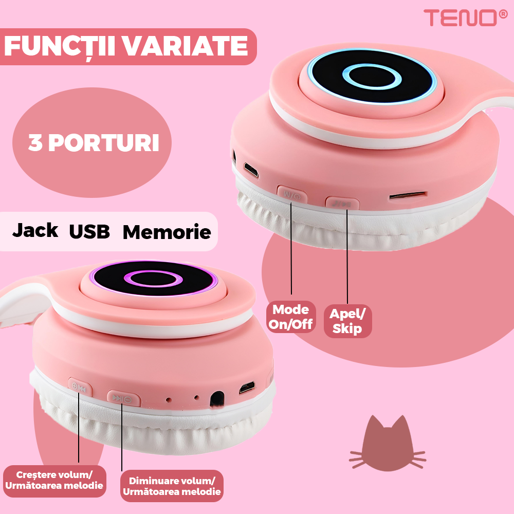 Casti Wireless Model Pisica Teno949, B39, overear, urechi de pisica cu iluminare RGB, bluetooth 5.0, handsfree, HiFi, bass stereo, roz