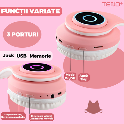 Casti Wireless Model Pisica Teno949, B39, overear, urechi de pisica cu iluminare RGB, bluetooth 5.0, handsfree, HiFi, bass stereo, roz