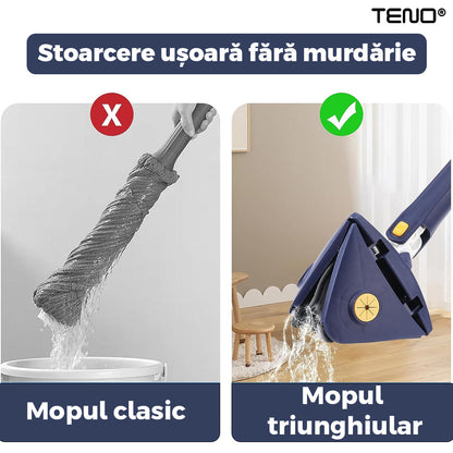 Mop cu Cap Triunghiular Teno321, rotire 360 grade, telescopic, curatare usoara, 4 lavete incluse, 127 cm, albastru/galben