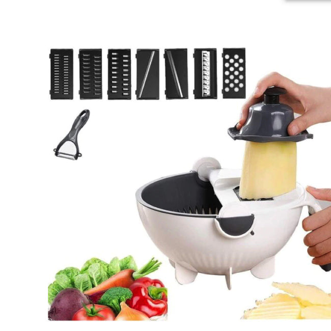 Feliator multifunctional cu 5 lame de diferite dimensiuni, bol pentru curatarea si scurgerea legumelor, protectie degete